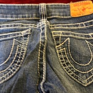 True Religion Blue Jeans with Horseshoe Design and Contrast Stitching